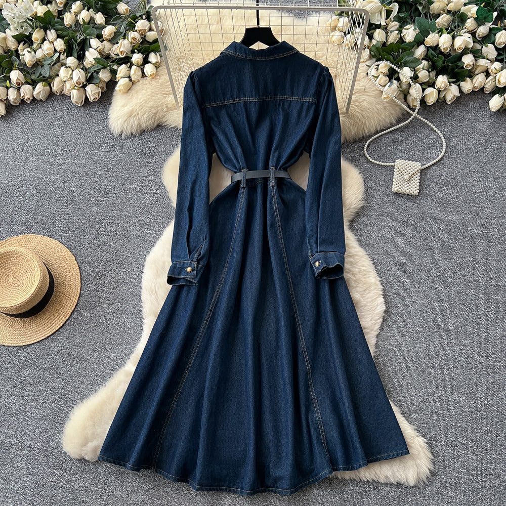 Work clothingretro denim lapel long sleevesnew arrivaldress women's waist slimming look a-line fashion long skirt eleganceelegant