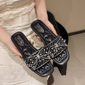 Export  summer new korean style pearl rhinestone flat sandals women's outdoor wear one-strap slippers plus size sandals