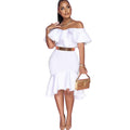 supply of african women's clothing pure color off-shoulder pattern fashion style grids waist bag hip v neck short-sleeved evening dress special price