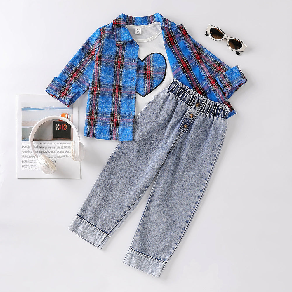 cross-border exclusive: trendy, playful, and energetic blue plaid shirt, jeans, and appliqué embroidered top three-piece set