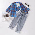 cross-border exclusive: trendy, playful, and energetic blue plaid shirt, jeans, and appliqué embroidered top three-piece set