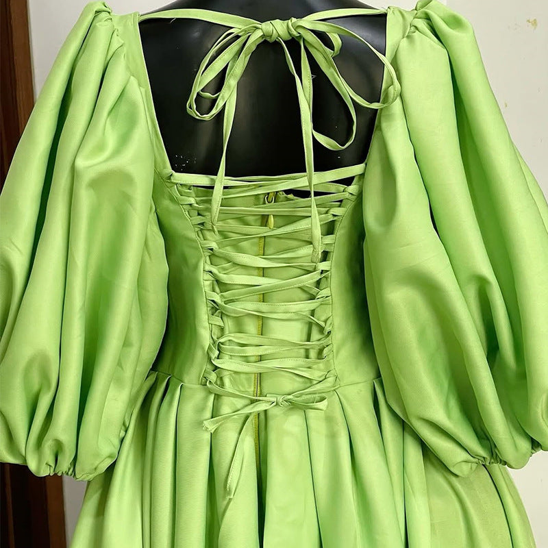 European and american cross-border women's clothing:  summer new arrivals - sweet and fresh square neck backless tie-up lantern sleeve cinched waist dress