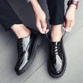 Teenage black british style leather shoes for men, korean style, trendy and versatile, round-toe lace-up casual shoes for students, men's patent leather shoes