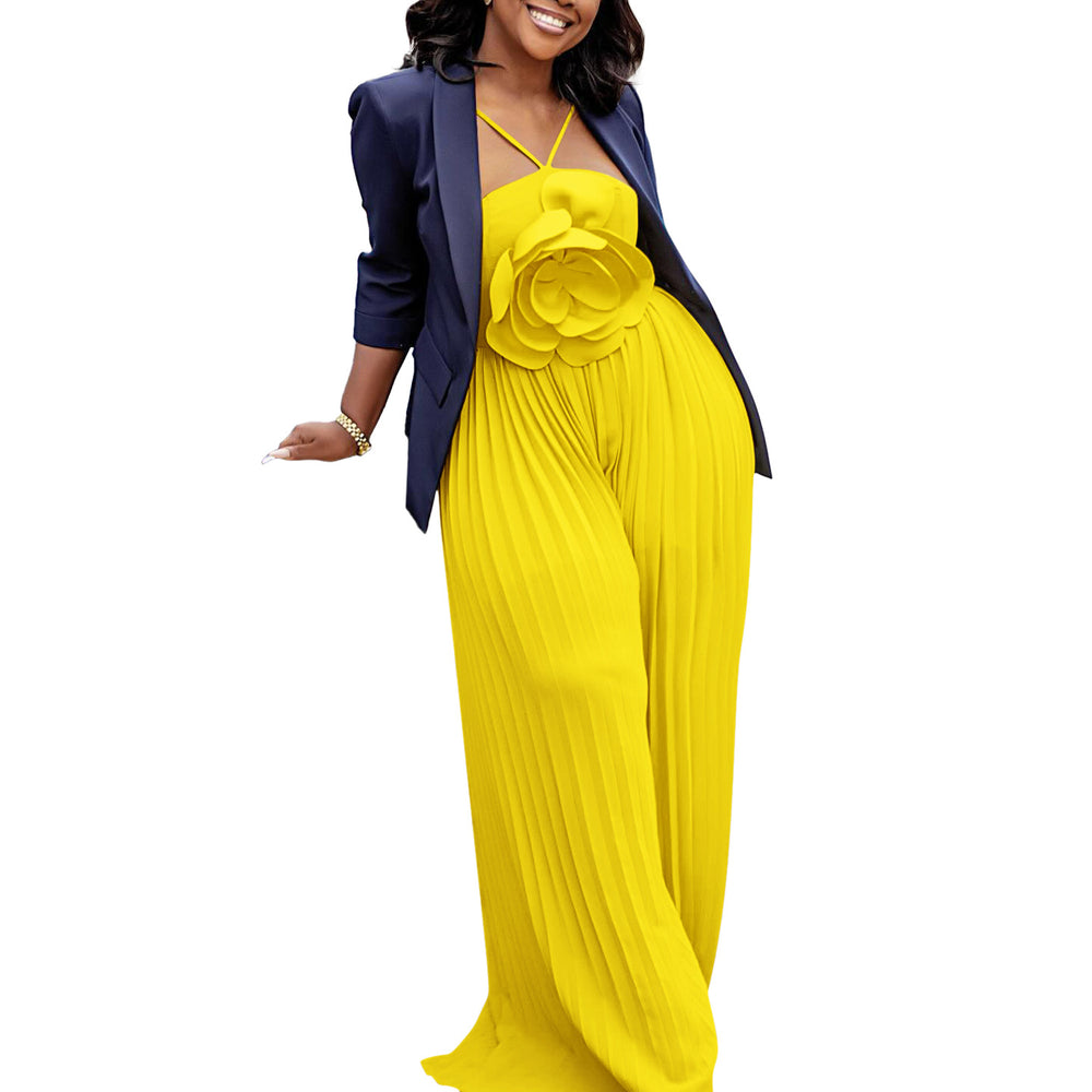 D554export women's clothing new arrivalelegantpure colorfashionsexy large flowerpure color pleated african jumpsuit