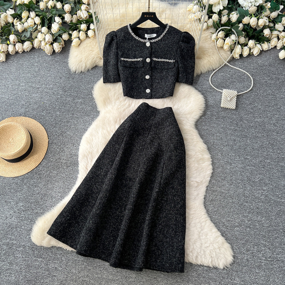 Gentle socialite style diamond-encrusted small fragrance two-piece set female autumelegant puff sleeve topshigh waistslimming look skirt suit