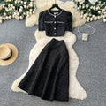 Gentle socialite style diamond-encrusted small fragrance two-piece set female autumelegant puff sleeve topshigh waistslimming look skirt suit