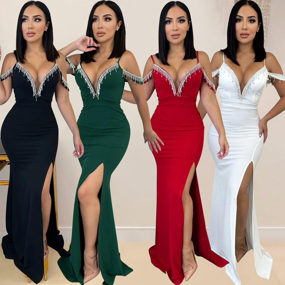 C6771 cross-border   fashion women's solid color tassel strap maxi dress