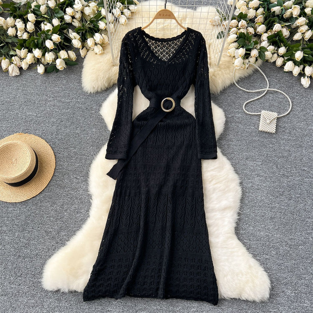 Order korean style gentle style cut out crochet knittingdress women's waist strap over the knee suspender bottom skirt suit