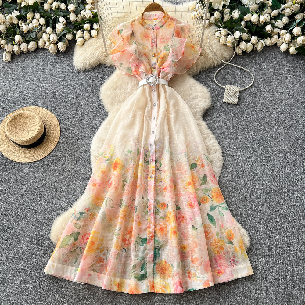 French country style printed sleeveless dress - women's new summer high-waisted slimming a-line maxi dress - elegant commute dress