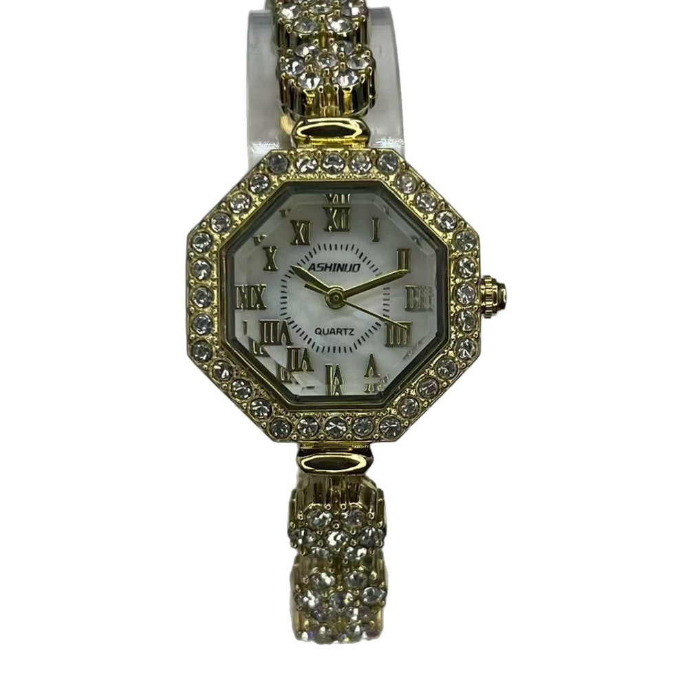 New arrival diamond-shaped full diamond sunflower dial, compact thin strap, high-value digital surface pull-out bracelet women's watch