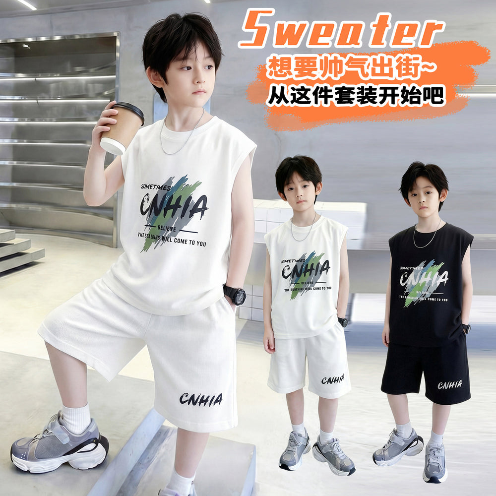Boys' summer loose-fit two-piece set: sleeveless, trendy, minimalist print short t-shirt and shorts - new  collection