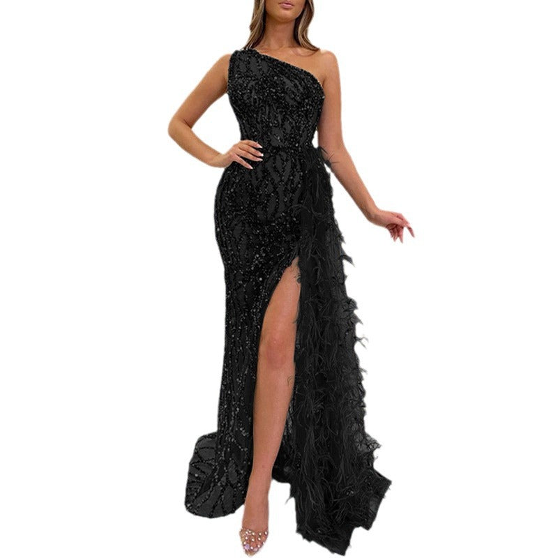 new arrival: solid color sequin fairy long sleeveless fashionable slim-fit elegant midi evening gown for cross-border e-commerce