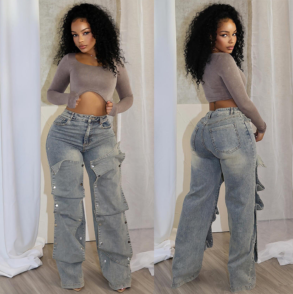 European and american style straight-leg jeans -  cross-border women's fashion - autumn street style trendy detachable button high-waisted pants