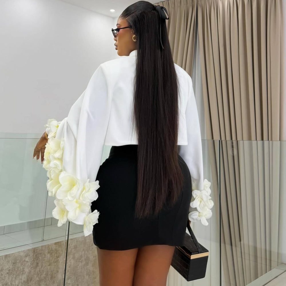 European and american cross-border women's fashion  summer new arrival: elegant lapel 3d floral shirt top and dress two-piece set