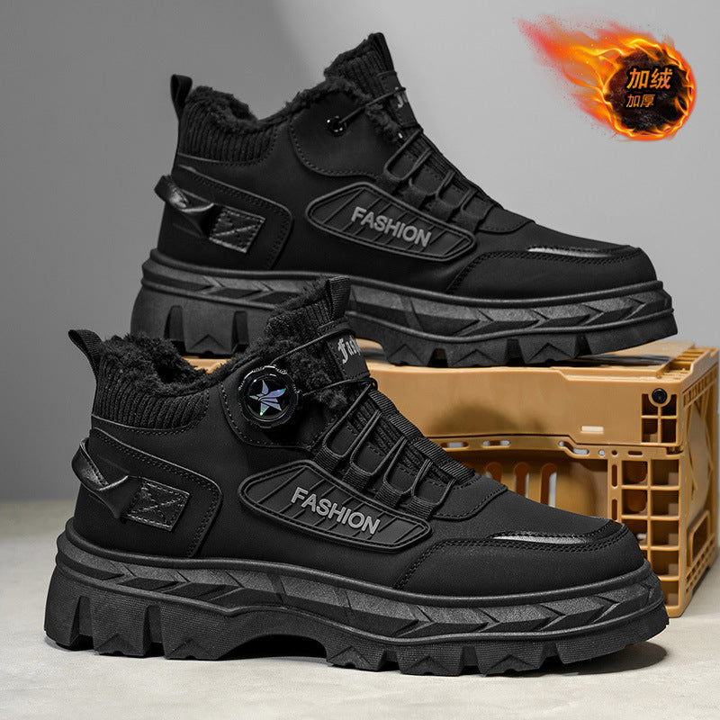 Winter men's shoes 2025 new fleece-lined warm swivel buckle high-top sneakers outdoor work boots martin boots cotton shoes