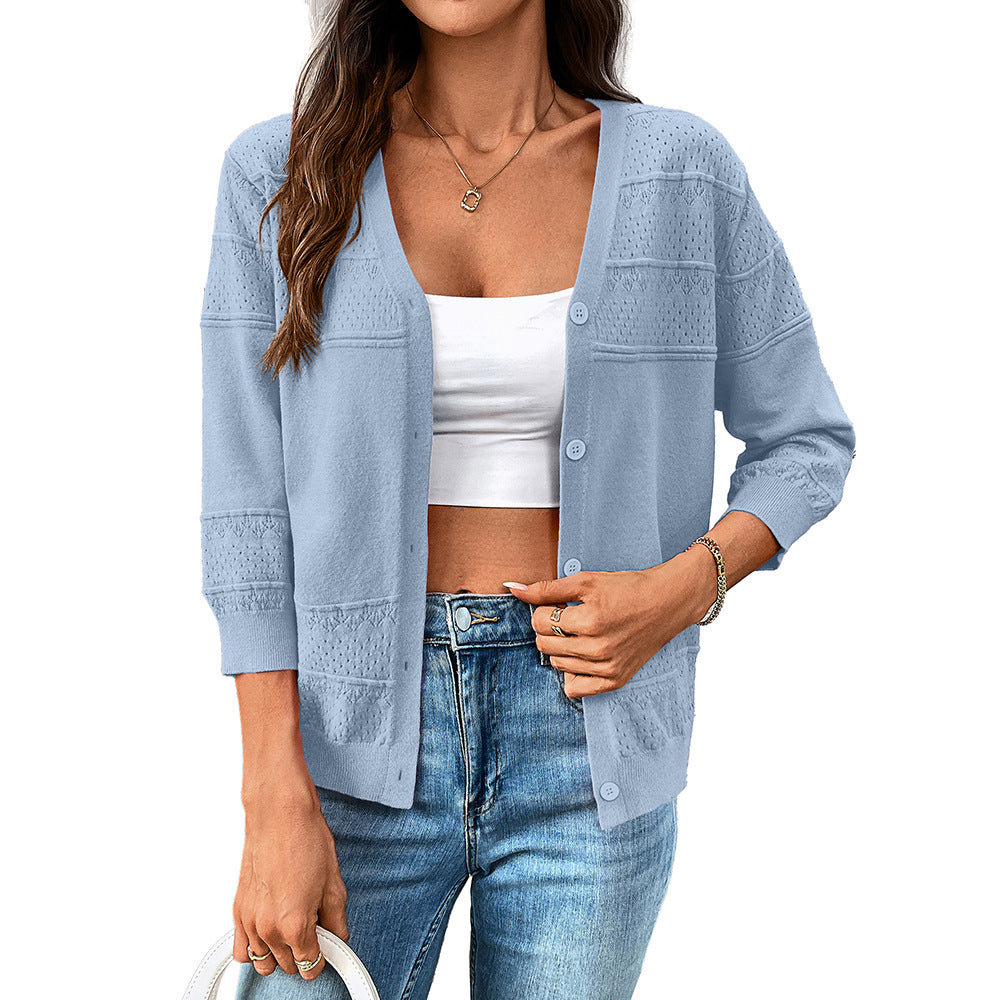 Europe, America,   women's clothing 2025 summer thin shawl seven-quarter sleeve hollow-knit V-neck cardigan