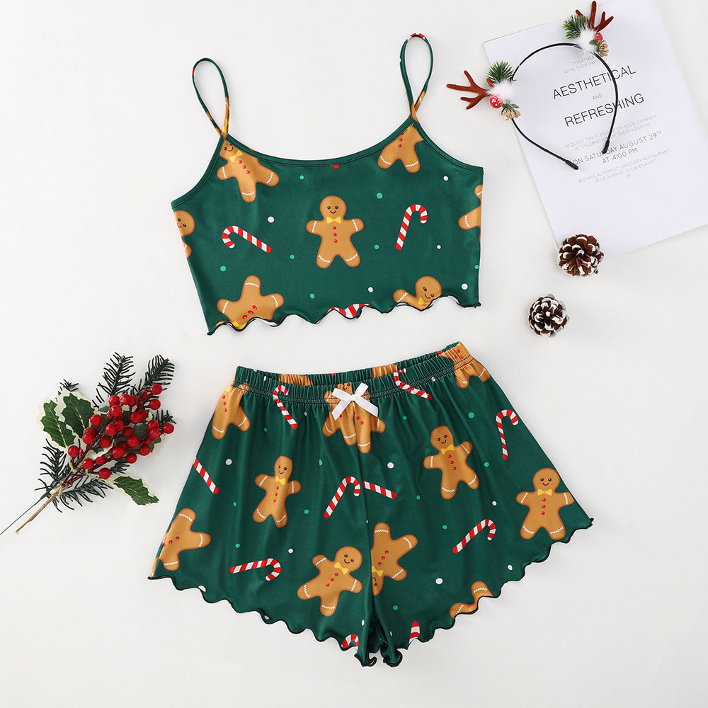 hot-selling christmas european and american style thin pajamas simple printed suspender milk silk shorts sexy two-piece set