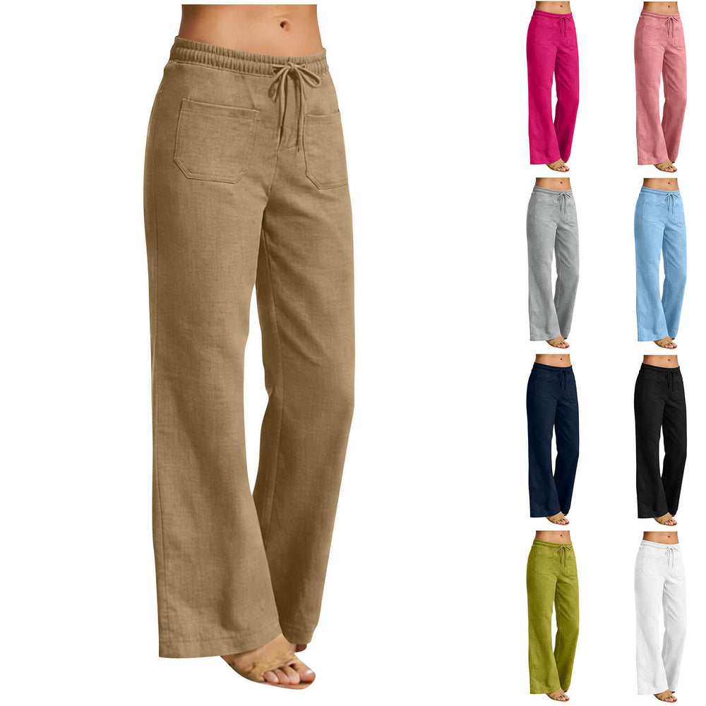 european and american cross-border women's linen-look fashion casual loose comfort solid color straight-leg pants with pockets wide-leg trousers