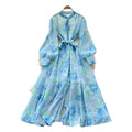 French chic elegant dress - women's autumn  collection: court style, tie-waist, slimming, single-breasted, printed maxi dress