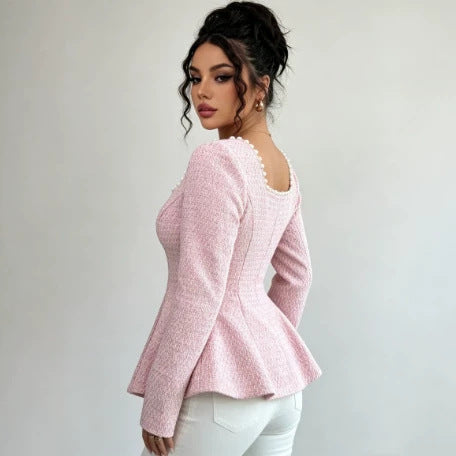 european and american cross-border women's fashion: new elegant pink long-sleeve top