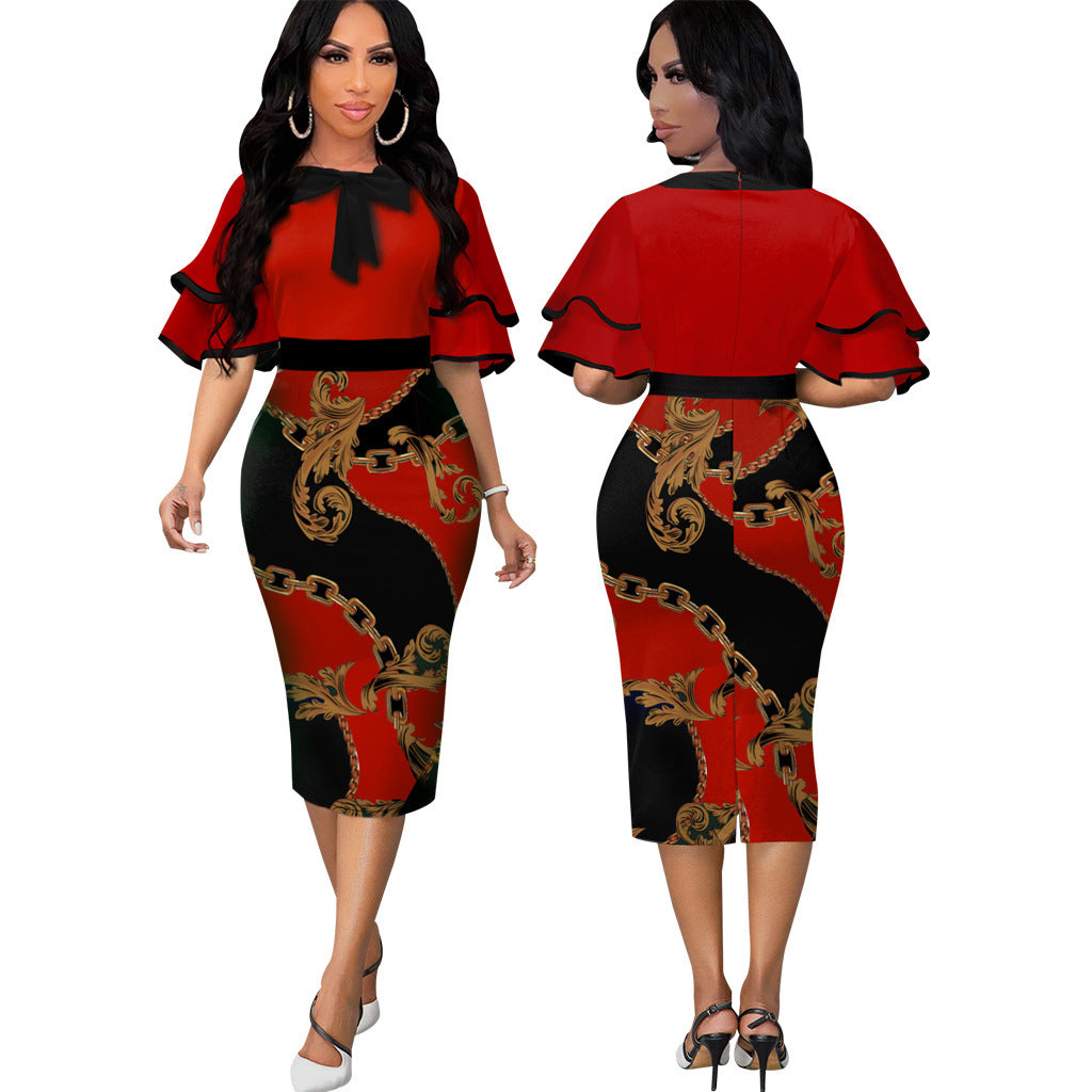 Spring 2022 European and American  new   independent station printed hot diamond round neck dress women