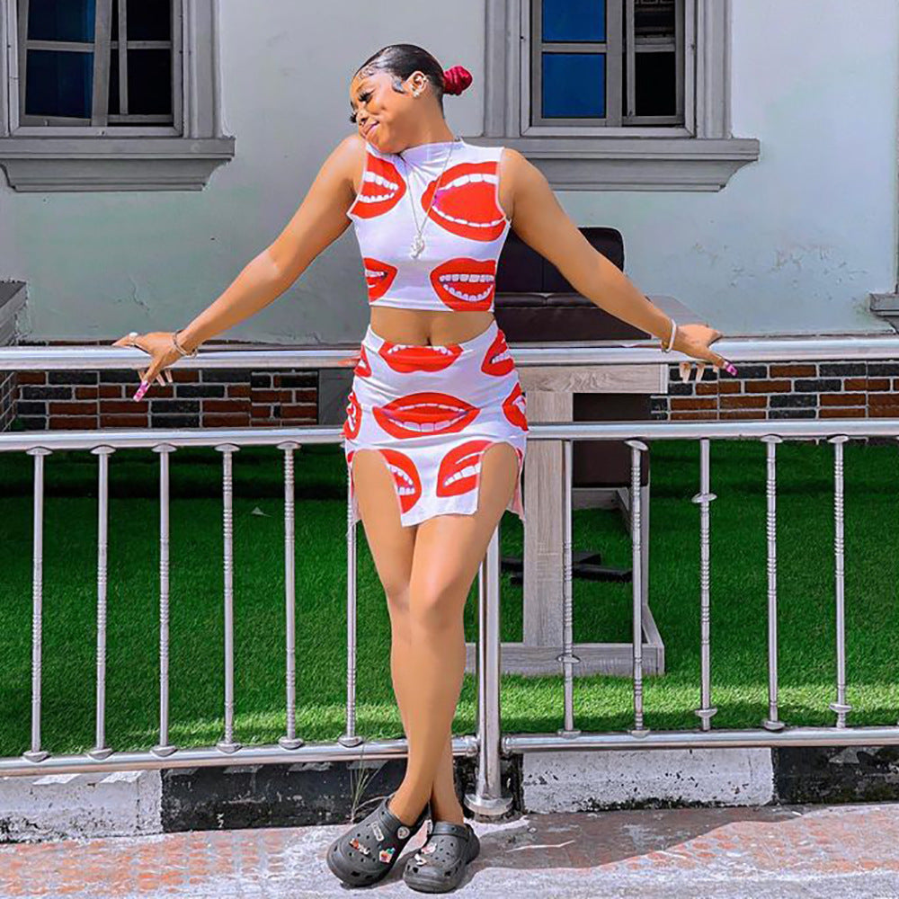 European and american cross-border women's clothing  casual sexy big lips print round neck sleeveless tank top irregular skirt set