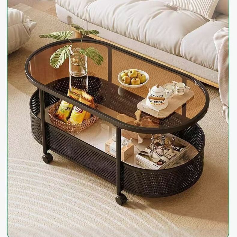 Creamy style lightweight movable side table small apartment living room coffee table sofa side table with wheels minimalist storage trolley