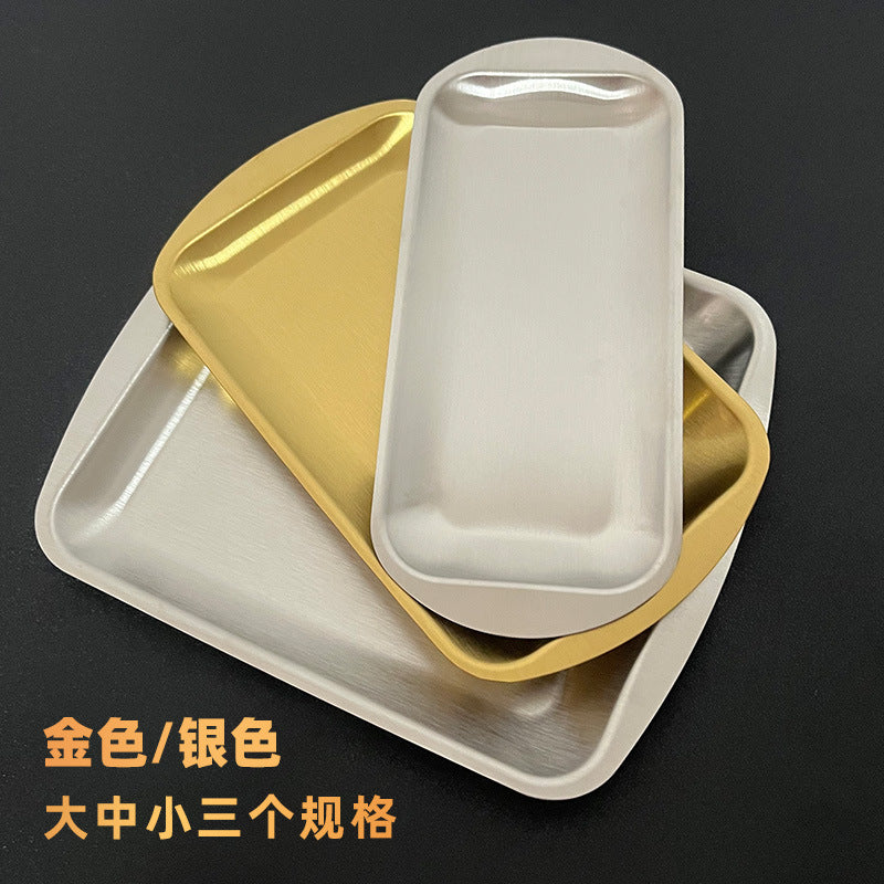 Korean style 304 stainless steel rectangular tray, thickened gold-plated bbq plate, serving dish, sushi plate, flat bottom tray, storage tray