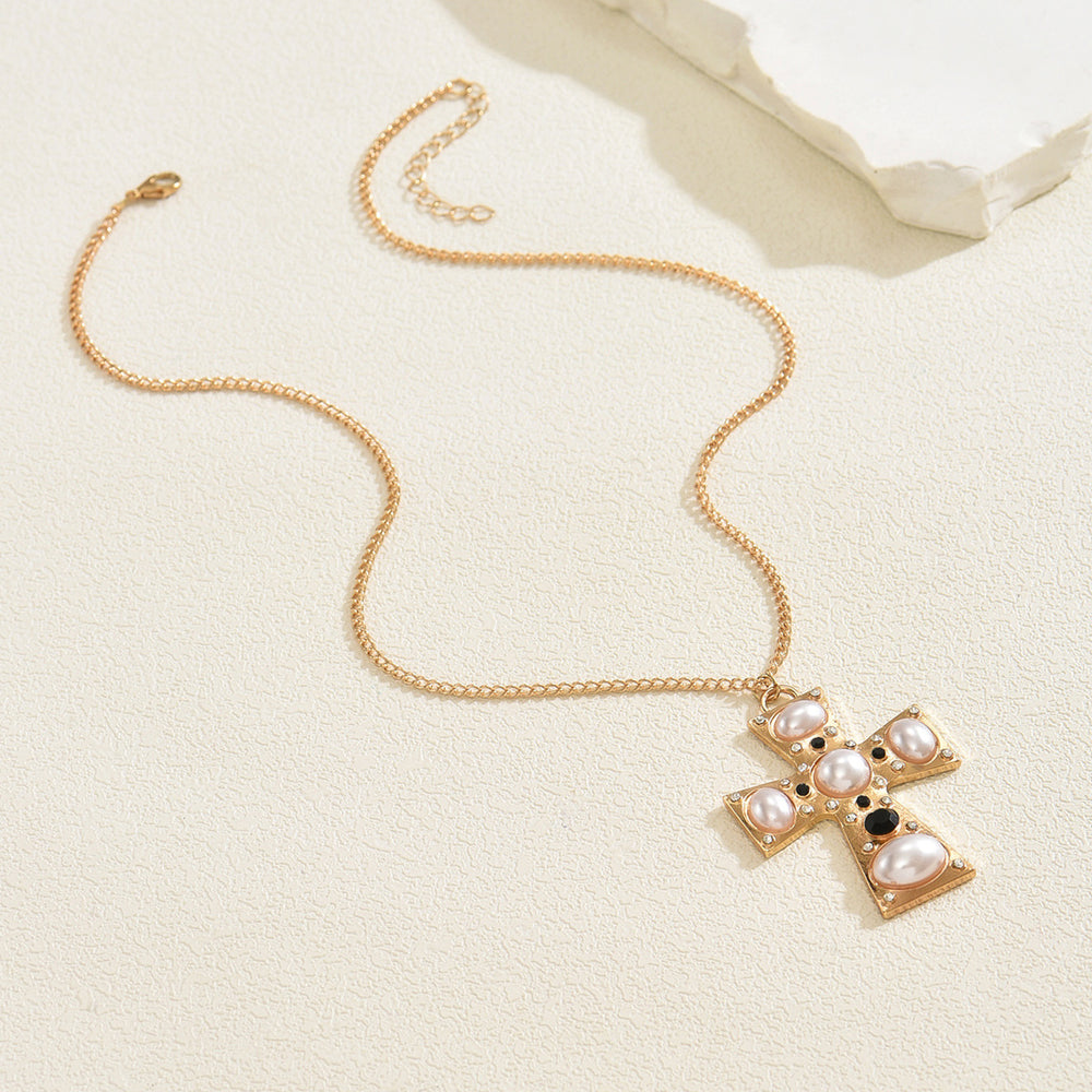 Imitation pearl metal cross pendant wholesale - european & american cross-border punk style - unique necklace for women - high-end clavicle chain