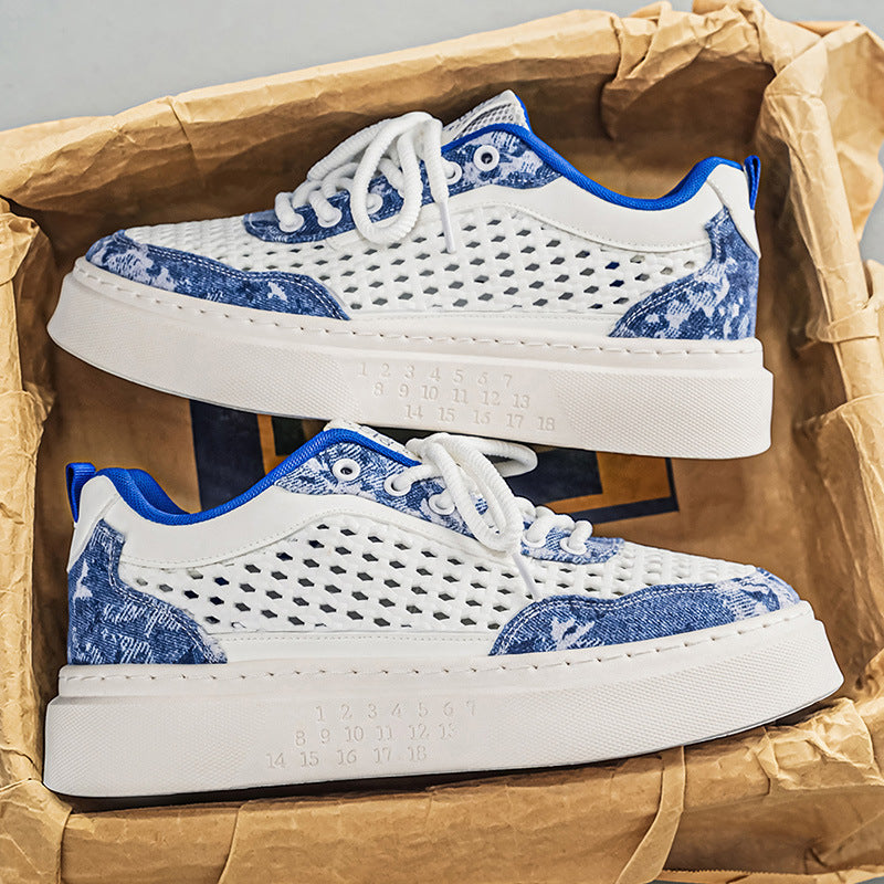 Men's summer breathable woven mesh versatile athletic casual trendy shoes - men's anti-slip thick-soled height-increasing white sneakers