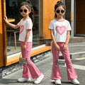new girls' heart print short sleeve two-piece set - stylish and versatile middle school flare pant girl's outfit - chic and trendy
