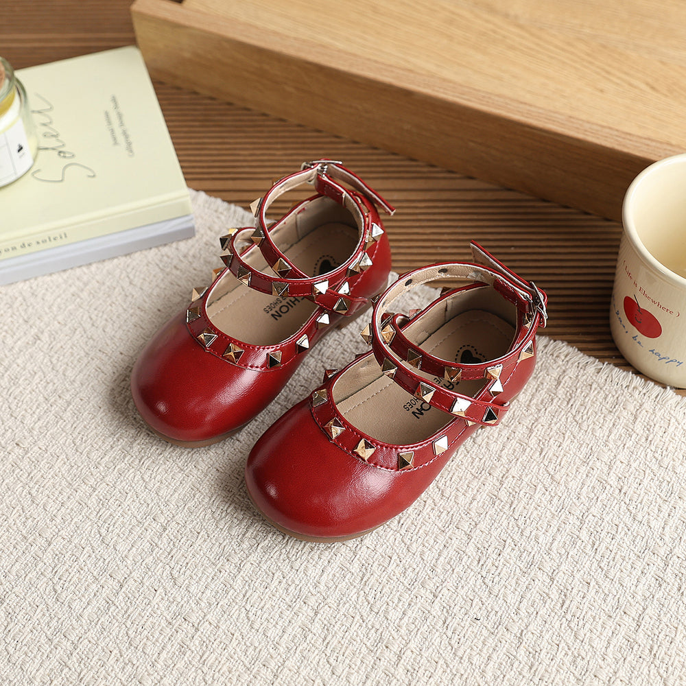 Vancahao girl's rivet fashion small leather shoes  spring & fall new arrivalk-stylekids bright leather princess shoes performance shoes