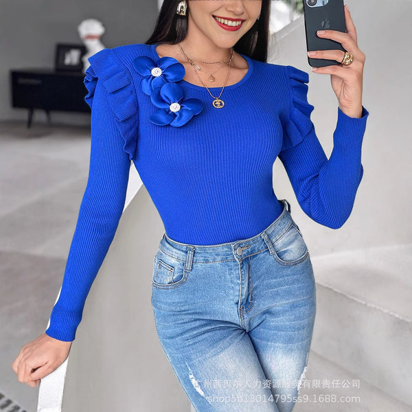 WMCY1064  women's clothing wooden ear edge decorative three-dimensional flower crew neck wool top