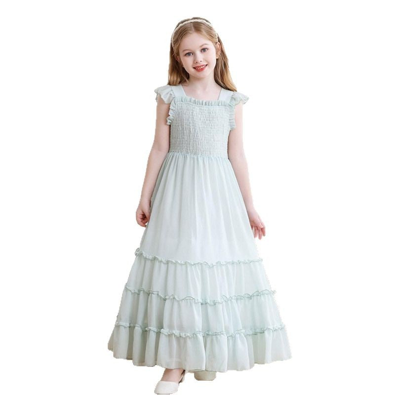 Girls' chiffon dress with ruched detail, long summer dress, ruffle shoulder straps, princess style,  new arrival, cross-border fashion for europe and america