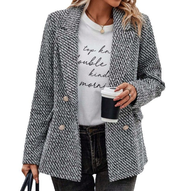 Women's solid color double-breasted blazer - european & american style, casual women's new top,  houndstooth jacket