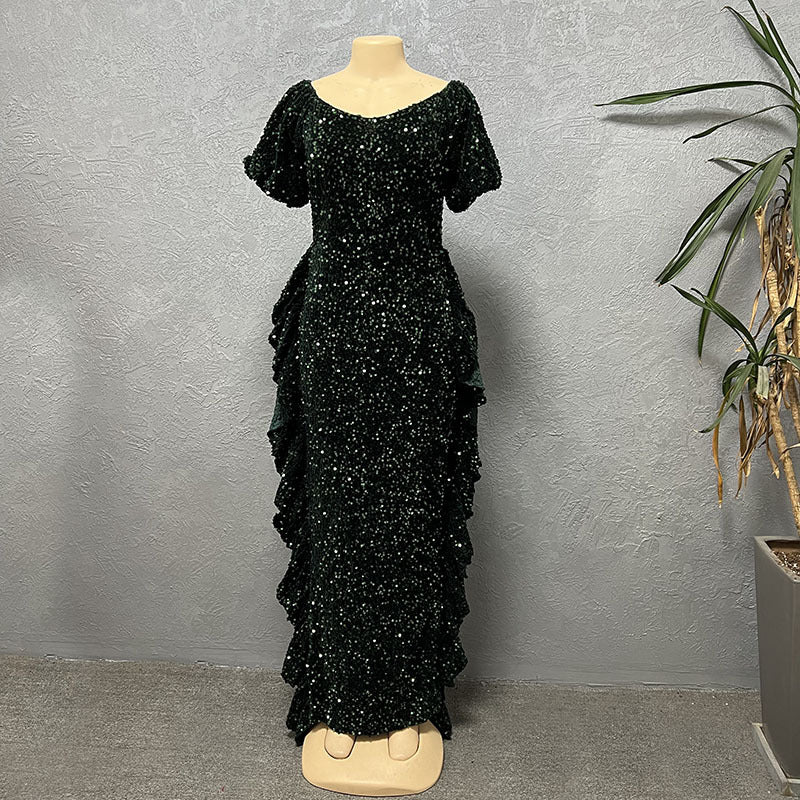 supply silm waist one shoulder off-shoulder elegancesequin long skirt european and american african fashion women's clothing