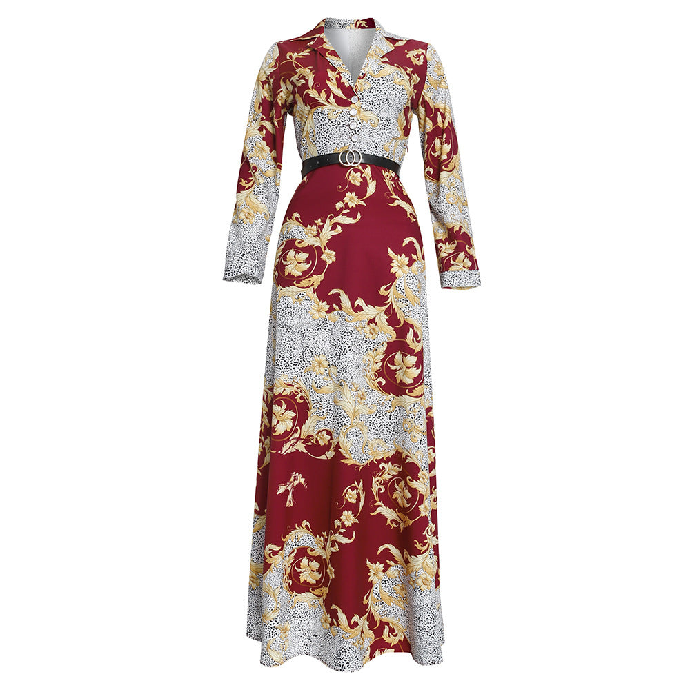 Fashion cross-border supply  plus size women's long skirt with belt african clothing printing chiffon dress