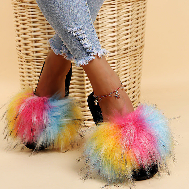 Wholesale indoor/outdoor faux fox fur slippers - women's warm one-strap fuzzy slippers - dropshipping available