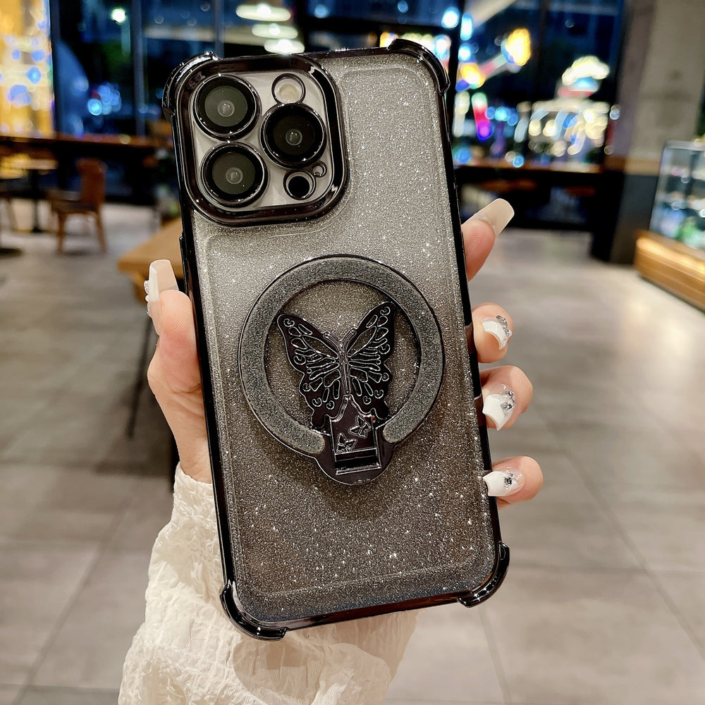 New 17 apple 16 butterfly glitter stand magnetic phone case, four-corner drop protection iphone 15 cover, compatible with iphone 13