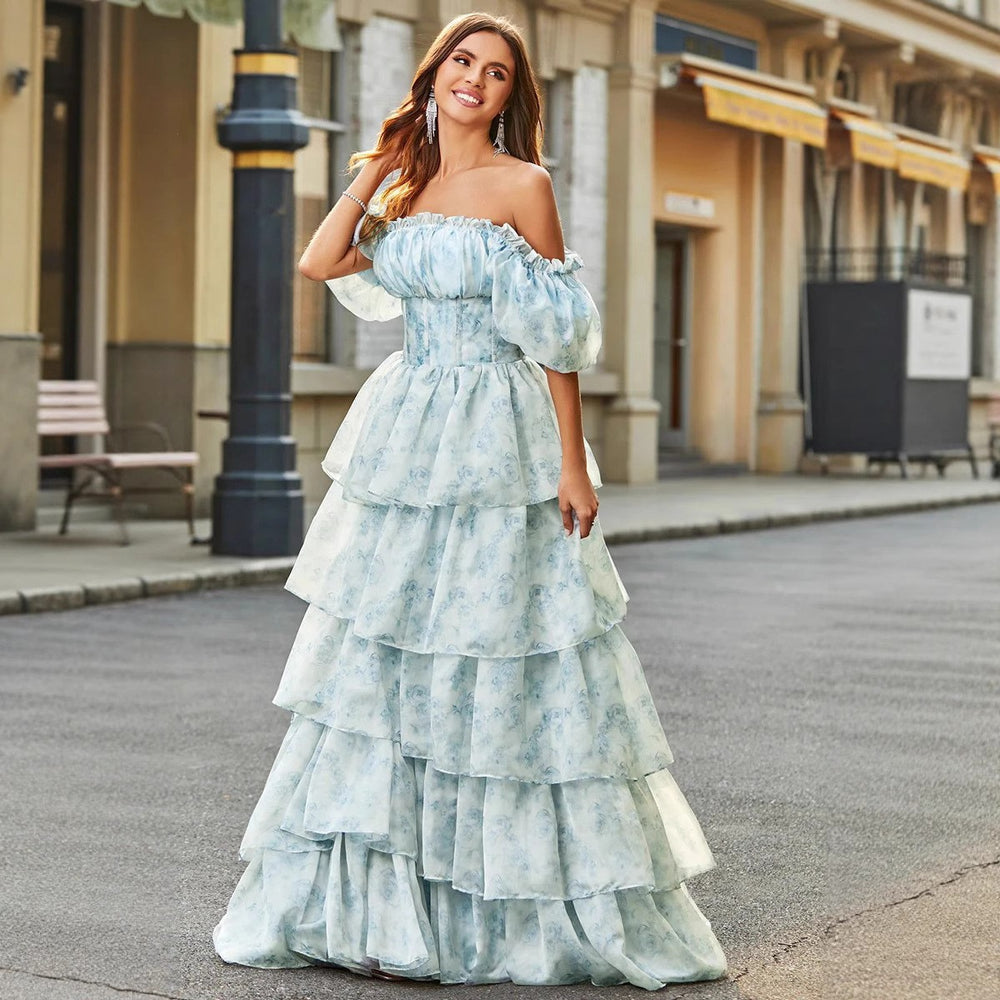 Pastoral style sweet cake skirt fashion puff sleeves short sleeves tie back waist plain floral fairy dress long skirt