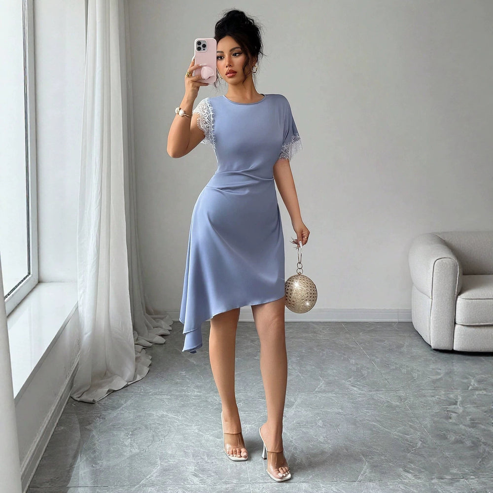 Amazon fashion cross-border lacepatchwork side twist waist asymmetrical hem elegantshortdress skirt