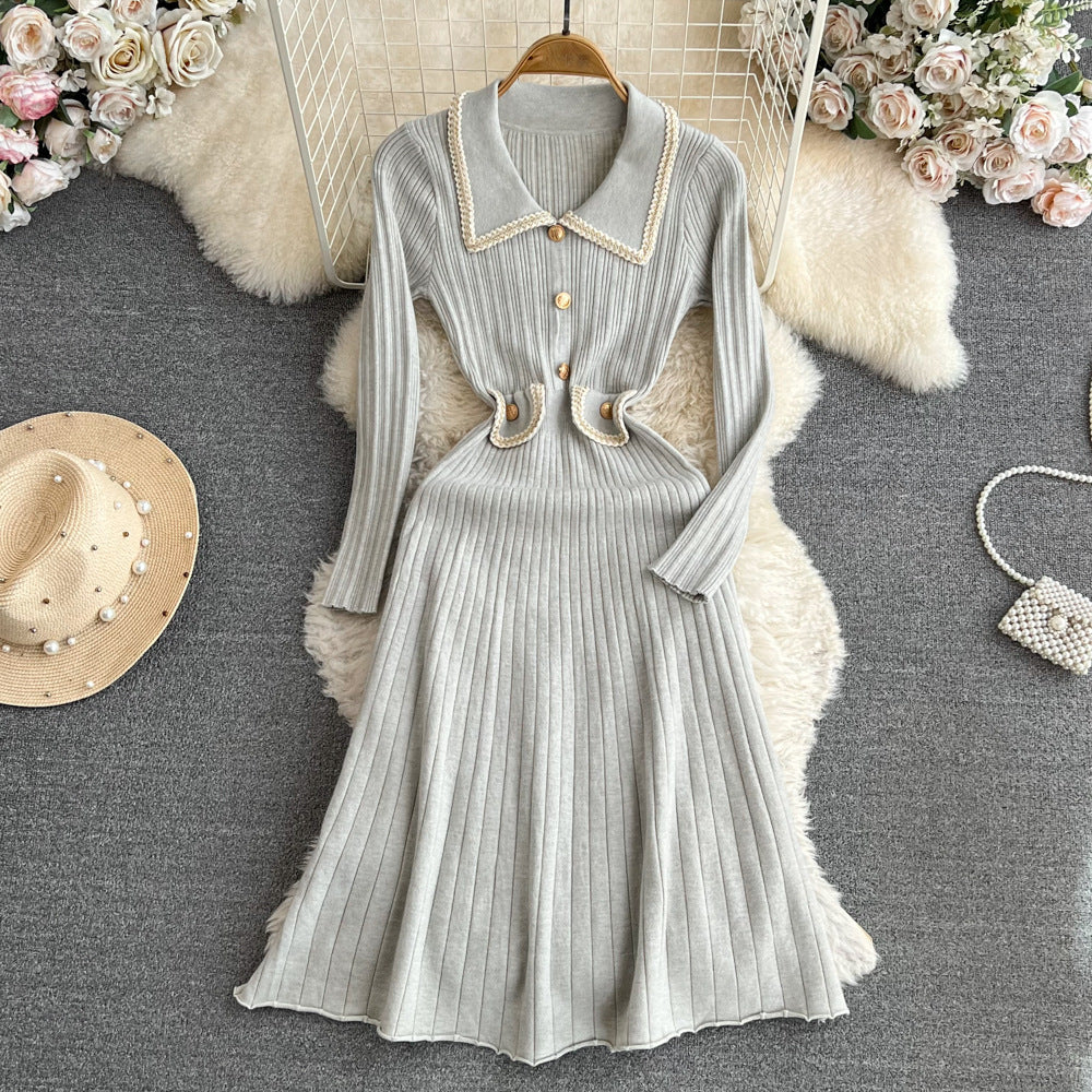 Xiaoxiangfeng socialite elegantcontrast colorlong sleeves doll collar waist slimming look longa line large hem knittingdress