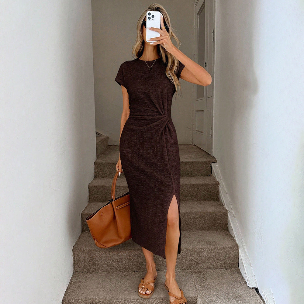 Amazon foreign trade retro modern brown short-sleeve cinched waist slit midi dress - elegant and chic for women