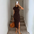 Amazon foreign trade retro modern brown short-sleeve cinched waist slit midi dress - elegant and chic for women
