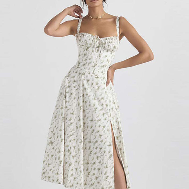 cross-border e-commerce women's fashion: european and american summer new arrivals - french chic floral print spaghetti strap slit dress