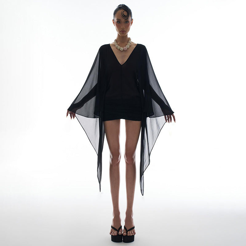 Women's foreign trade summer  new fashion deep v-neck sexy mesh panel see-through long sleeve bodycon dress
