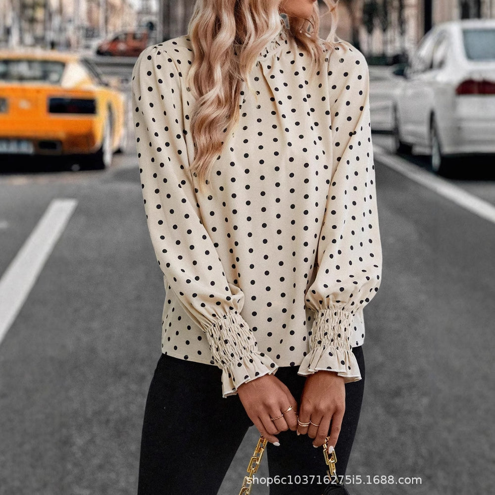 European and american cross-border women's apparel:  spring/autumn new collection - printed pullover cropped top with polka dot long sleeves