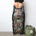e-commerce source factory: european and american style, fashionable and unique camouflage washed tassel high-slit midi skirt