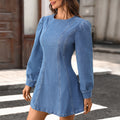 European and american cross-border e-commerce  new round neck slim fit a-line hem washed slimming long sleeve denim dress for women