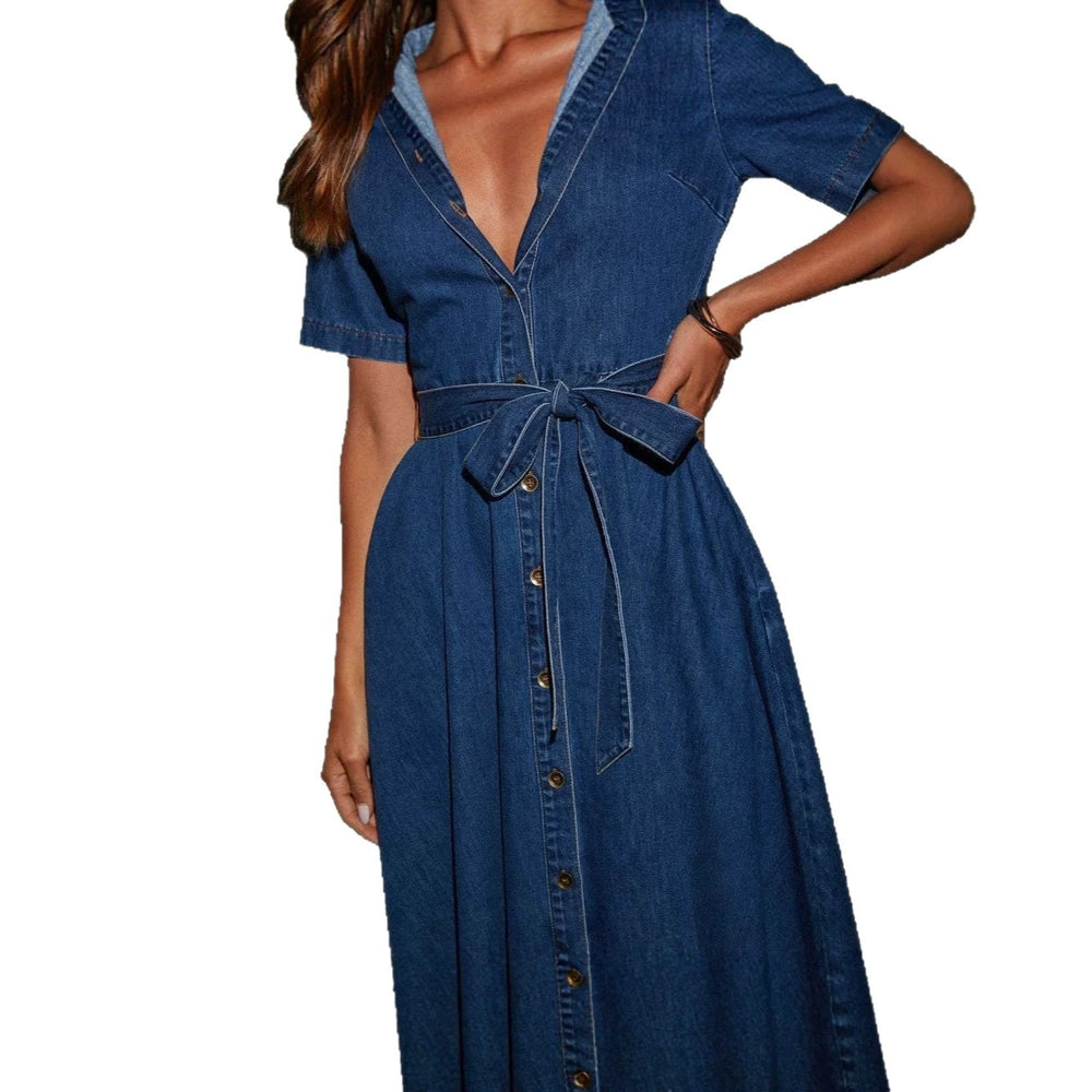 Amazon independent station cross-border women's casual casual short sleeve lapel denim a-line dresshigh waistslimming look